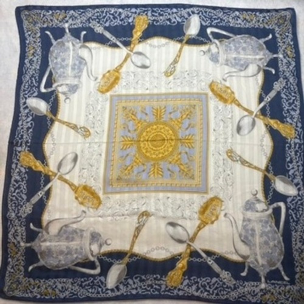 Vtg LANCEL Square Scarf Teapot Spoon Motif Silk Navy Blue Gold 21.5"